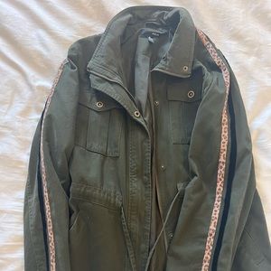 Green trench coat with leopard and black velvet stripes down arms Large AQUA